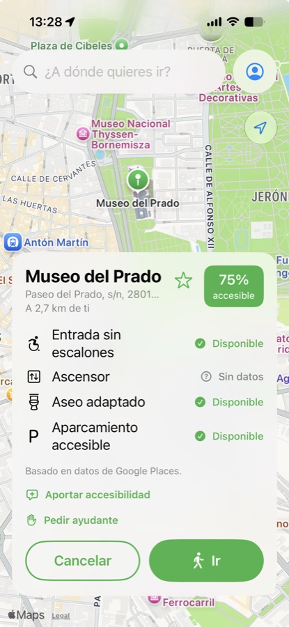 La app mostrando la ficha de accesibilidad del Museo del Prado: 75% accesible, con entrada sin escalones, aseo adaptado y aparcamiento disponibles.